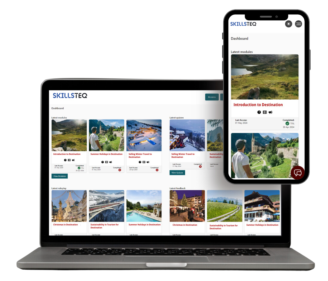 SkillsTeq sales coaching interface on desktop and mobile devices